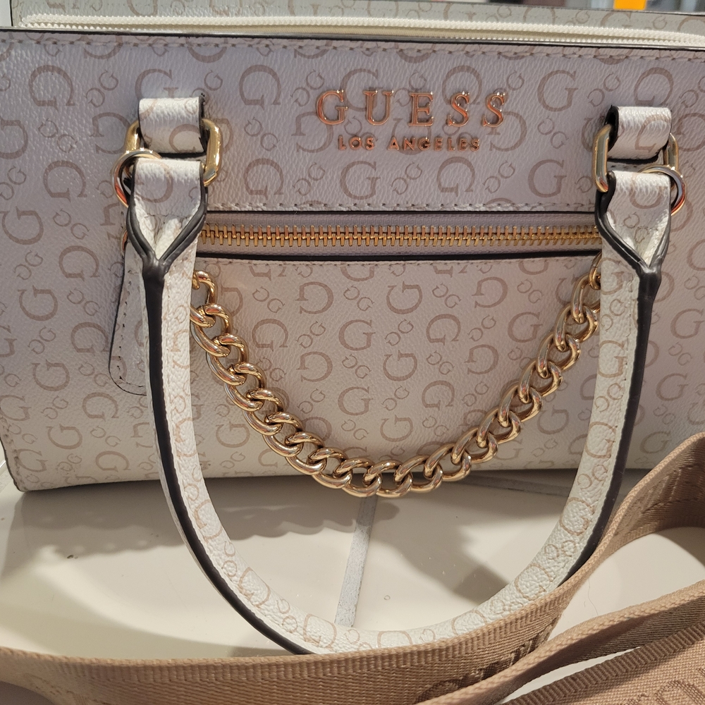 Guess White and Gold Satchel with Chain Detail
